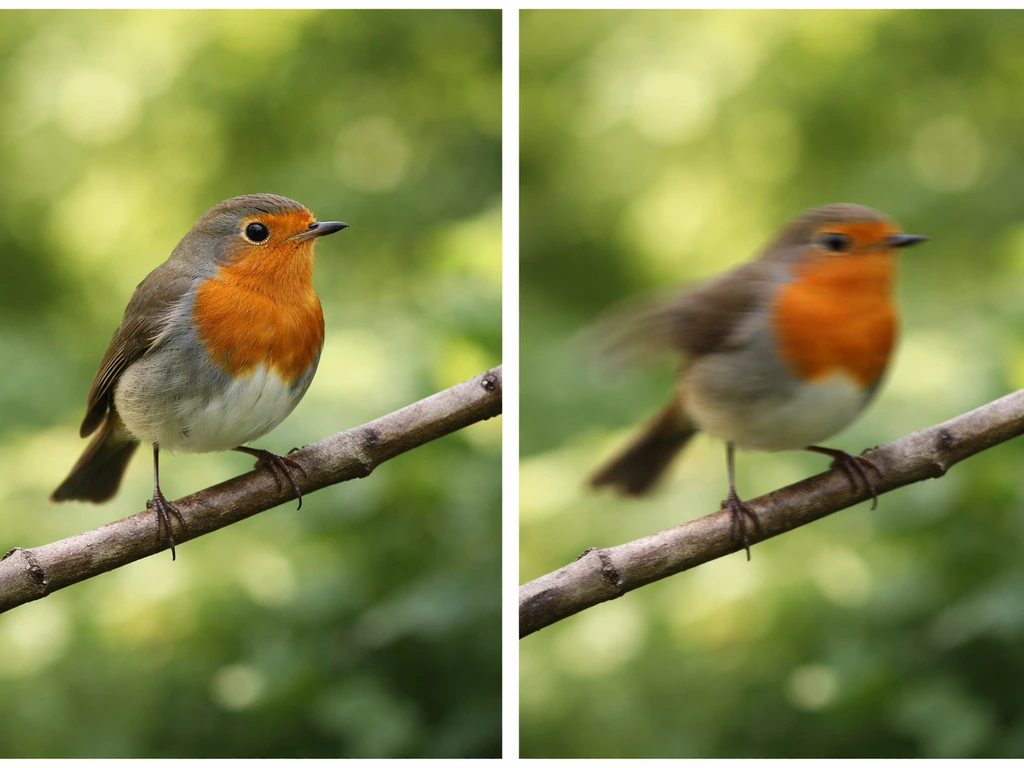 Side-by-side sharp vs motion-blurry photo of a small bird perched on a branch in soft garden light.