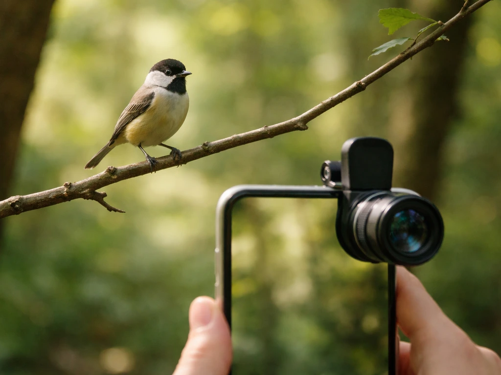 Beginner bird photo setup: smartphone with simple tele attachment aimed at a small songbird