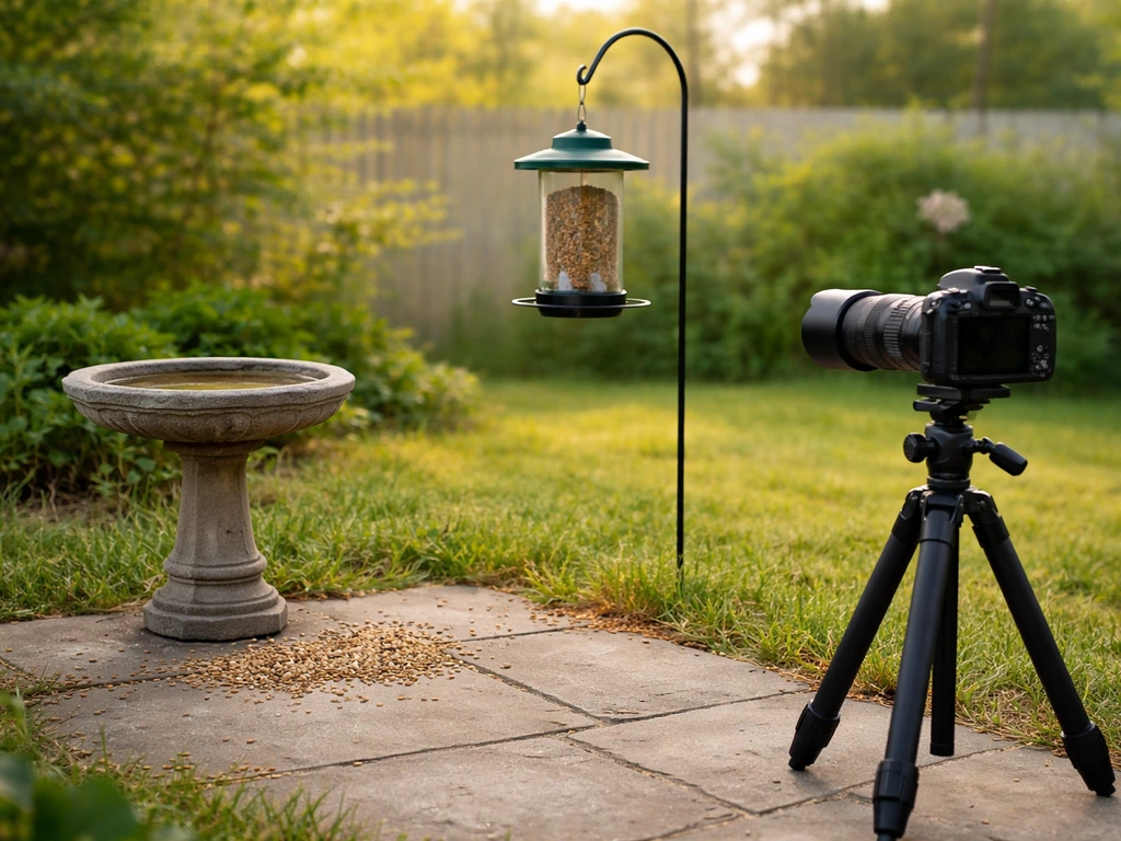 Backyard bird bath and feeder with a tripod camera ready to photograph arriving birds.