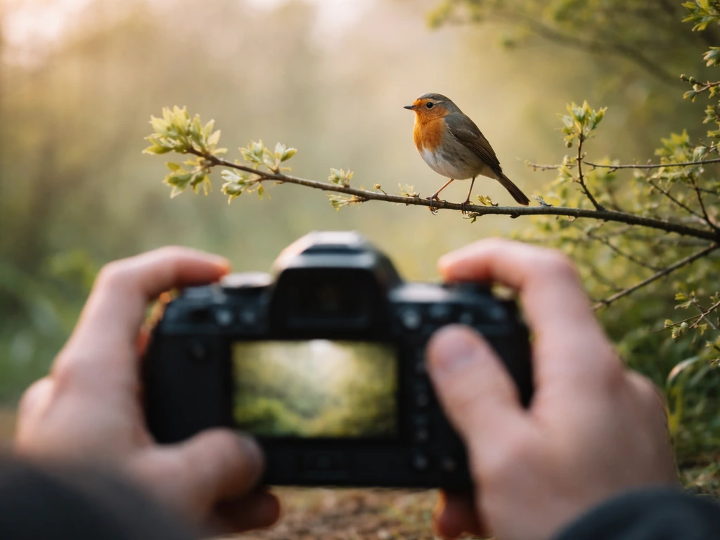 Mirrorless camera in autofocus with AF point tracking a perched bird outdoors