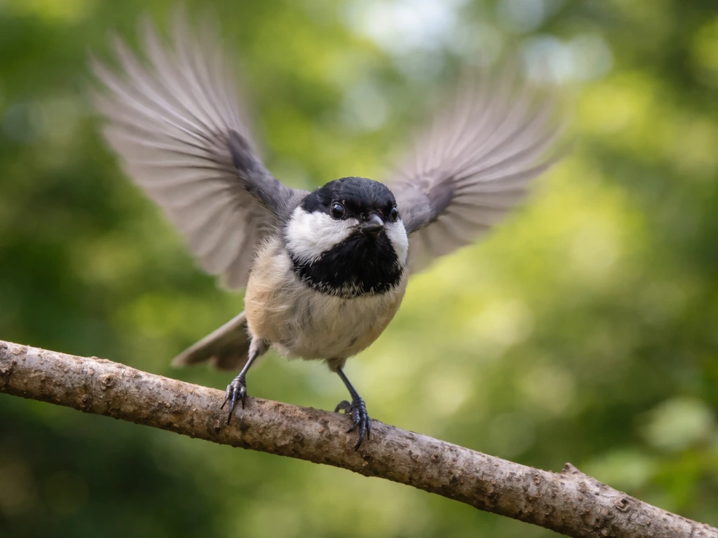 A small songbird launches from a clean branch perch with wings sharply blurred mid-takeoff.