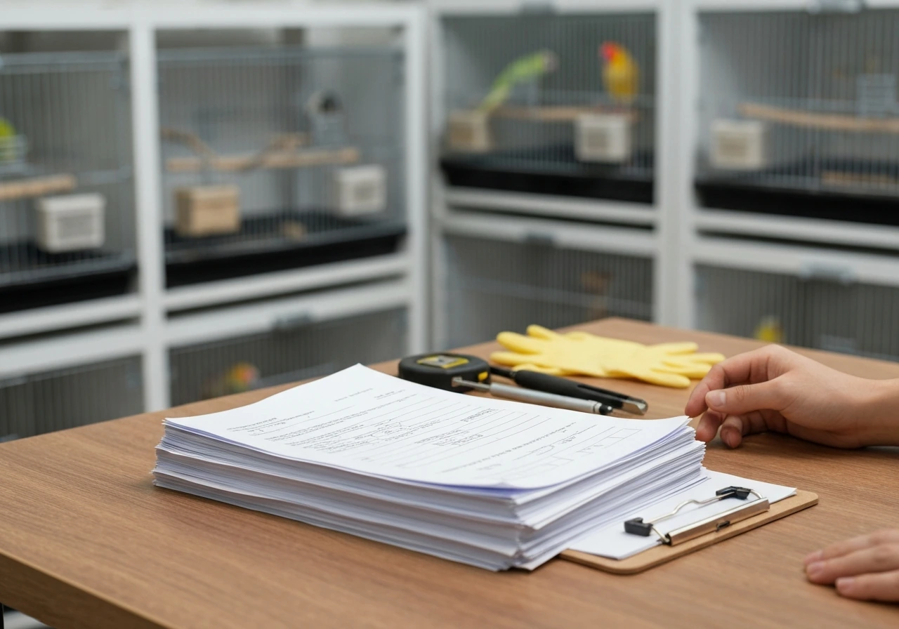 Paperwork on a table with neatly arranged bird cages/enclosures softly blurred behind, ready for a license inspection.