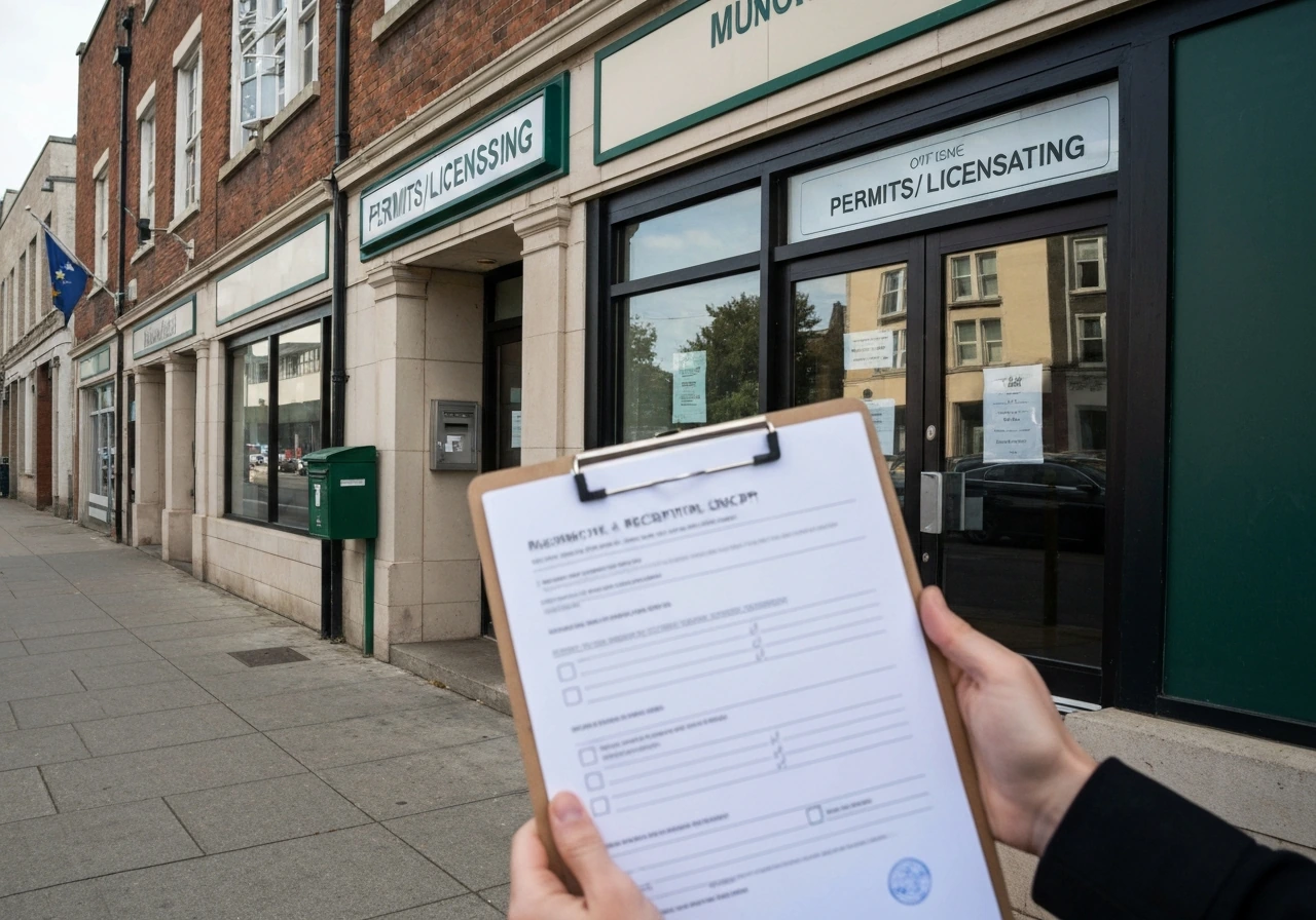 Street scene with a government permit office sign and a blank permit form concept on a clipboard
