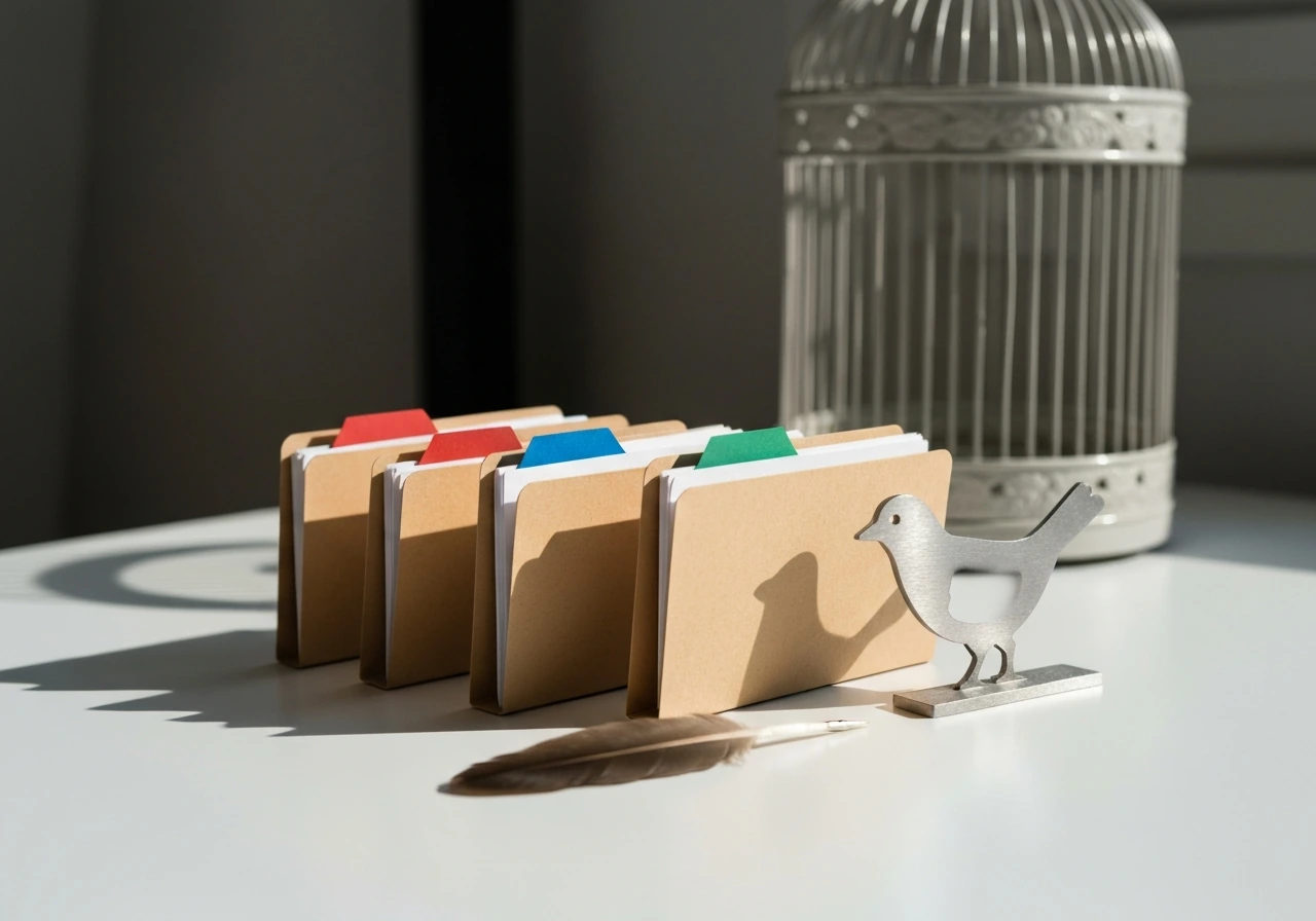 Desk with three colored-tab folders suggesting different permit categories for bird breeding licenses.