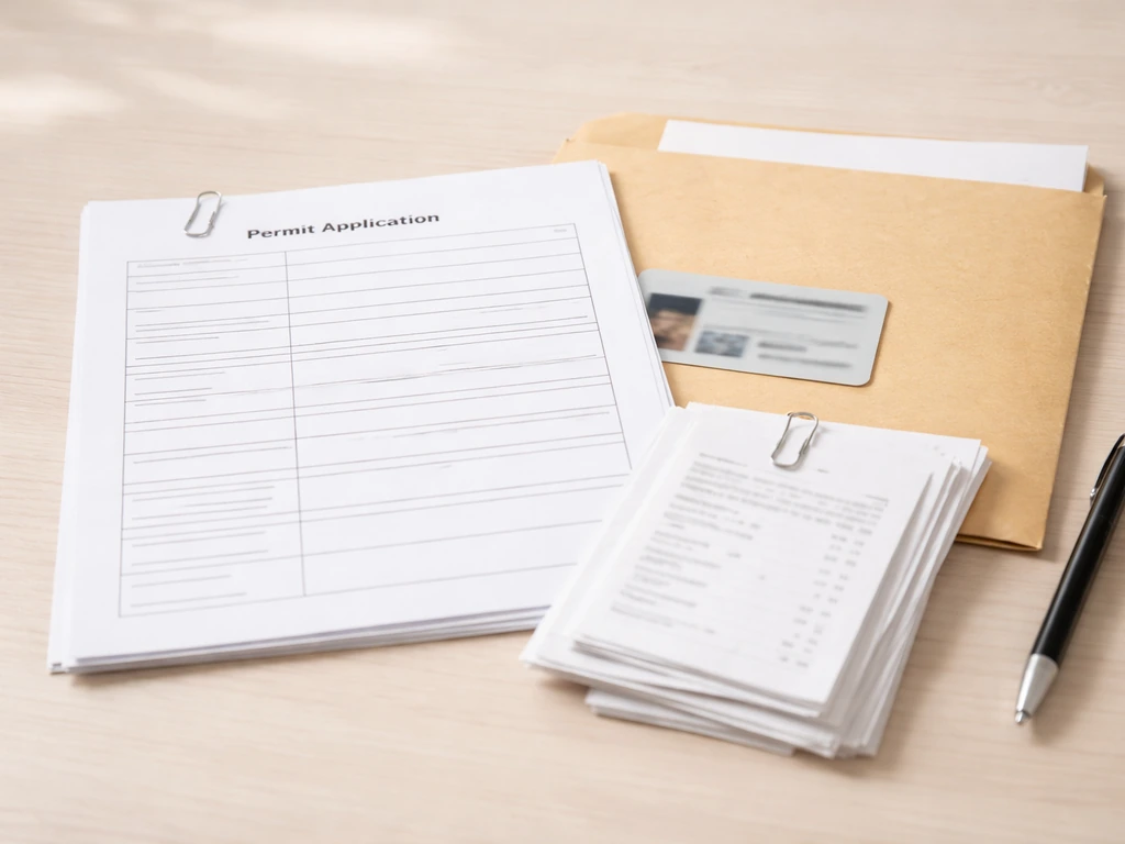 Neatly arranged documents for a permit application, including an ID card, proof of address, and purchase receipts