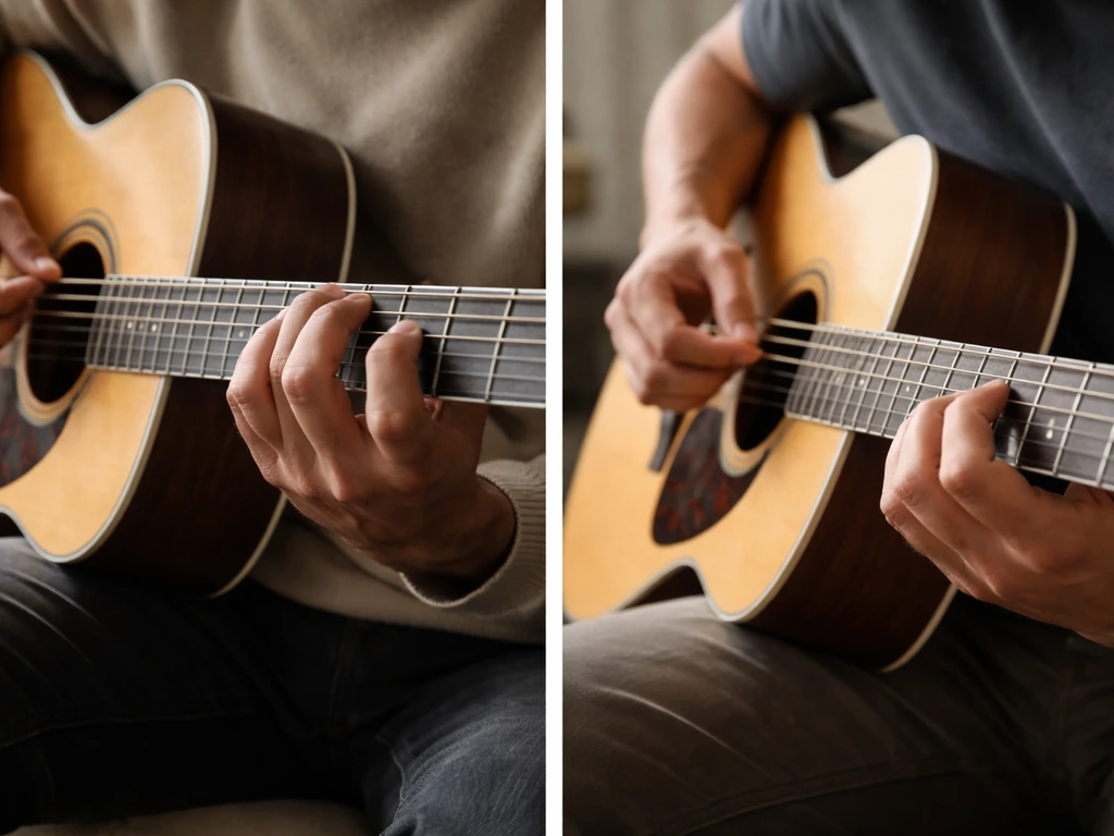 Two side-by-side photos: chord strumming on left and single-string melody picking on right.