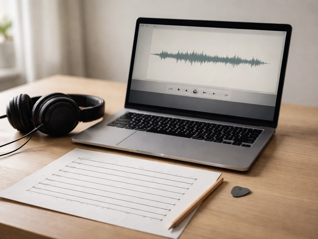 Laptop with slowed audio waveform and an anonymous guitar tab sheet on a desk, headphones nearby.