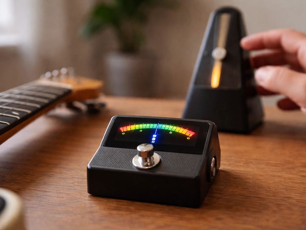 Close-up of a guitar tuner and metronome on a wooden desk, guitar nearby, hand adjusting timing.