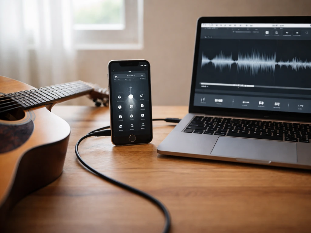 Phone guitar tuner screen and metronome app beside laptop showing slowed looping practice audio setup.
