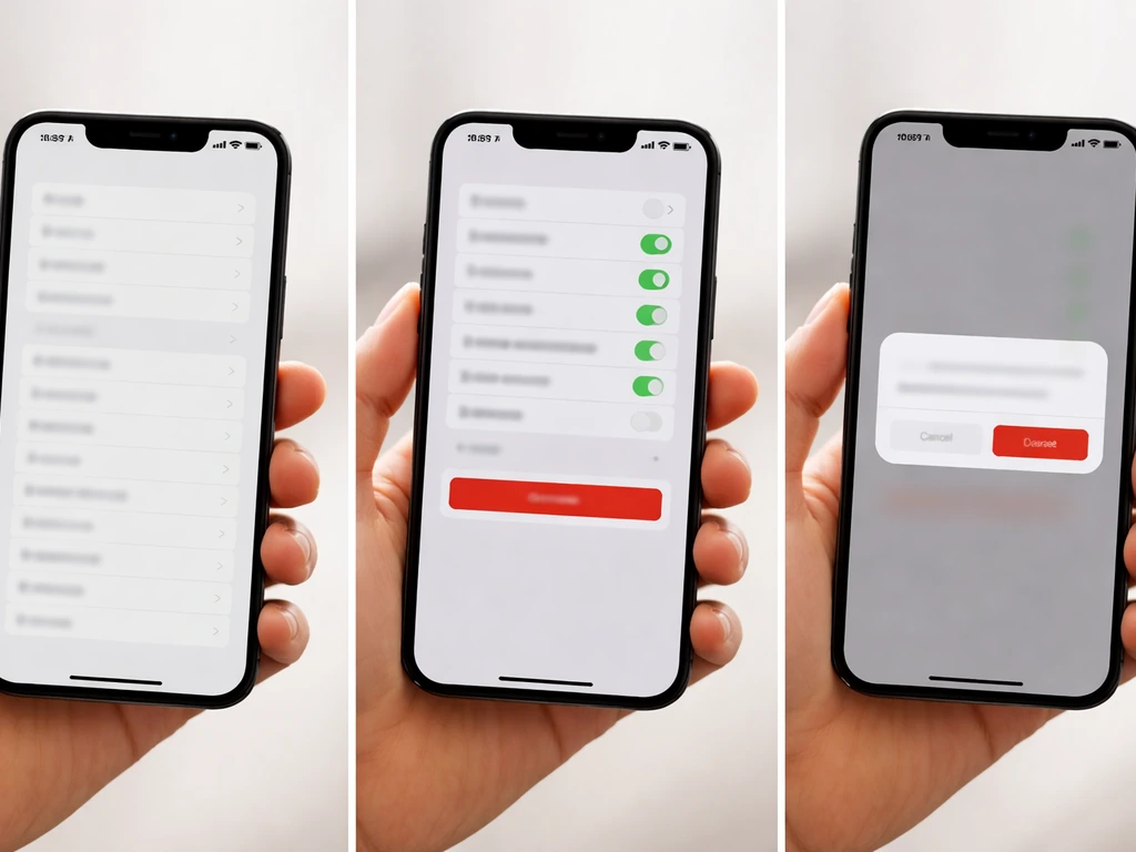 Three minimal iPhone screen views showing a step-by-step account deletion flow with no readable text.