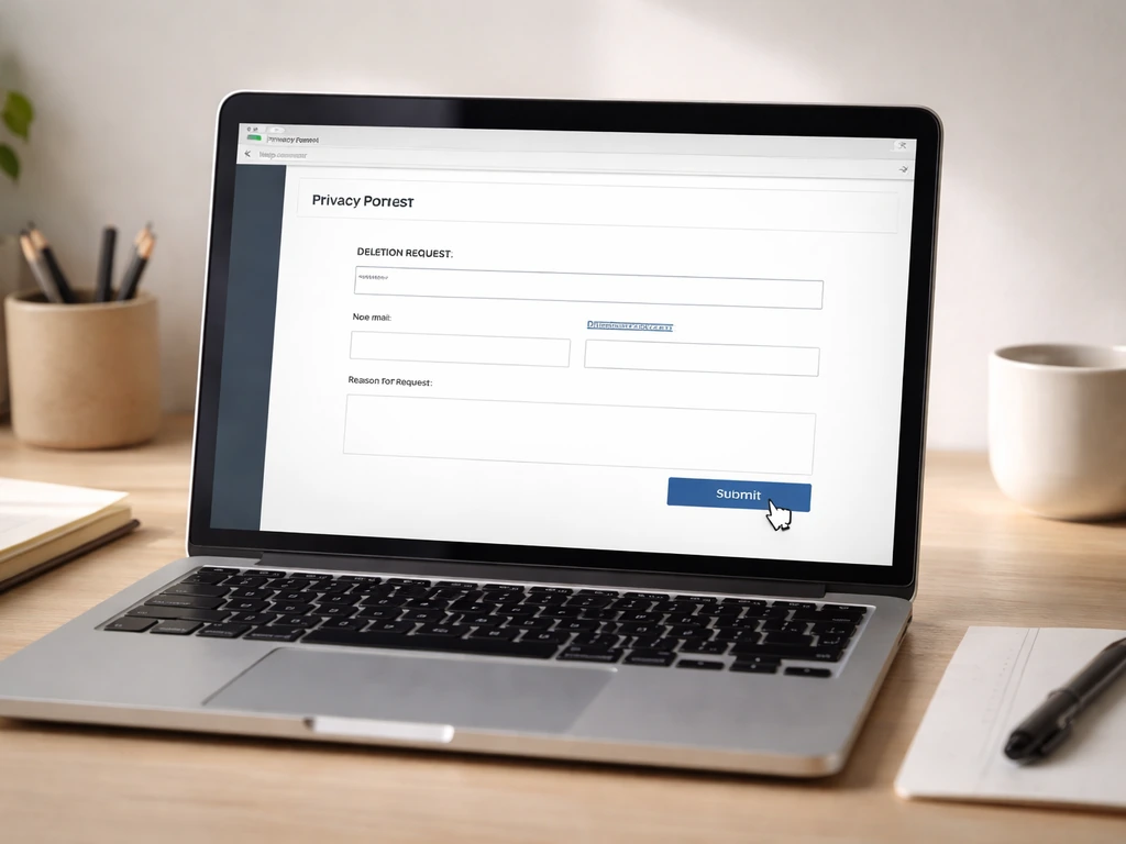 Laptop screen with a privacy portal deletion request form, cursor hovering over a submit button.