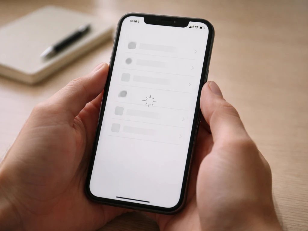 Close-up of hands holding a phone in settings, showing a loading state during a missing delete option.