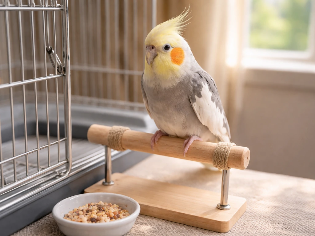 Small pet bird perched near an open cage door with training treats and a simple perch nearby.