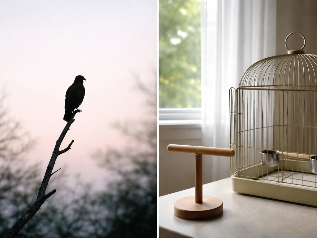 Left side shows a wild raptor silhouette; right side shows a simple pet-bird perch and cage.