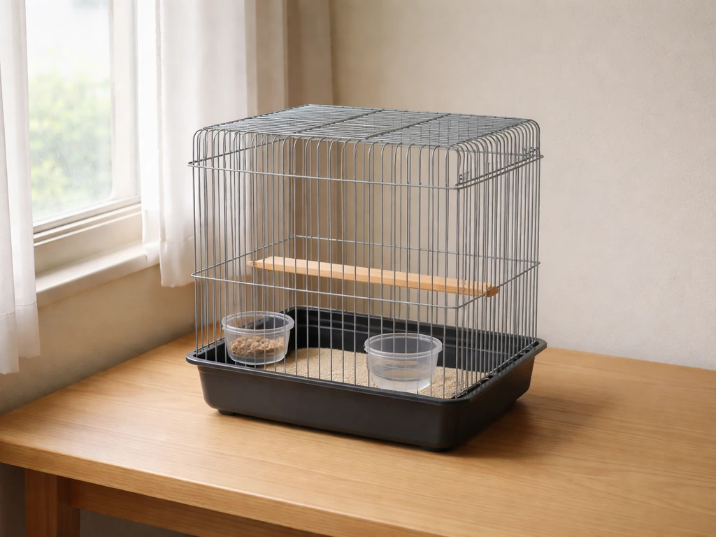 Bird cage placed near a window with indirect light, with perch, food, and water visible.