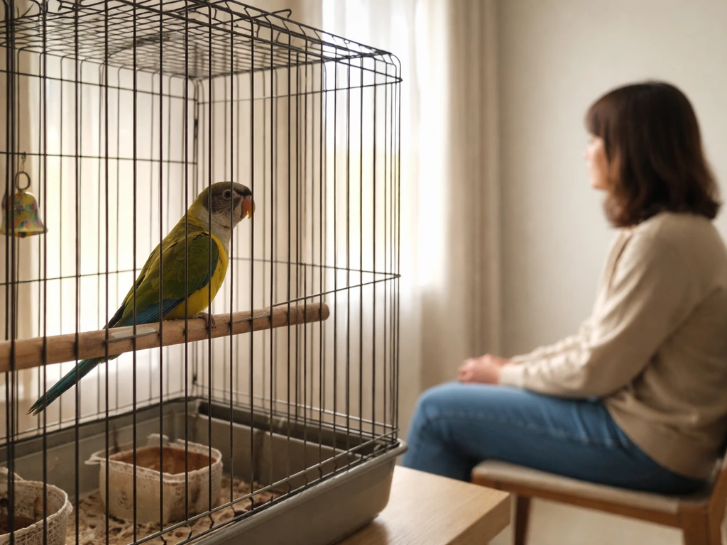 A calm bird in a cage while a person sits quietly at a distance, observing softly.