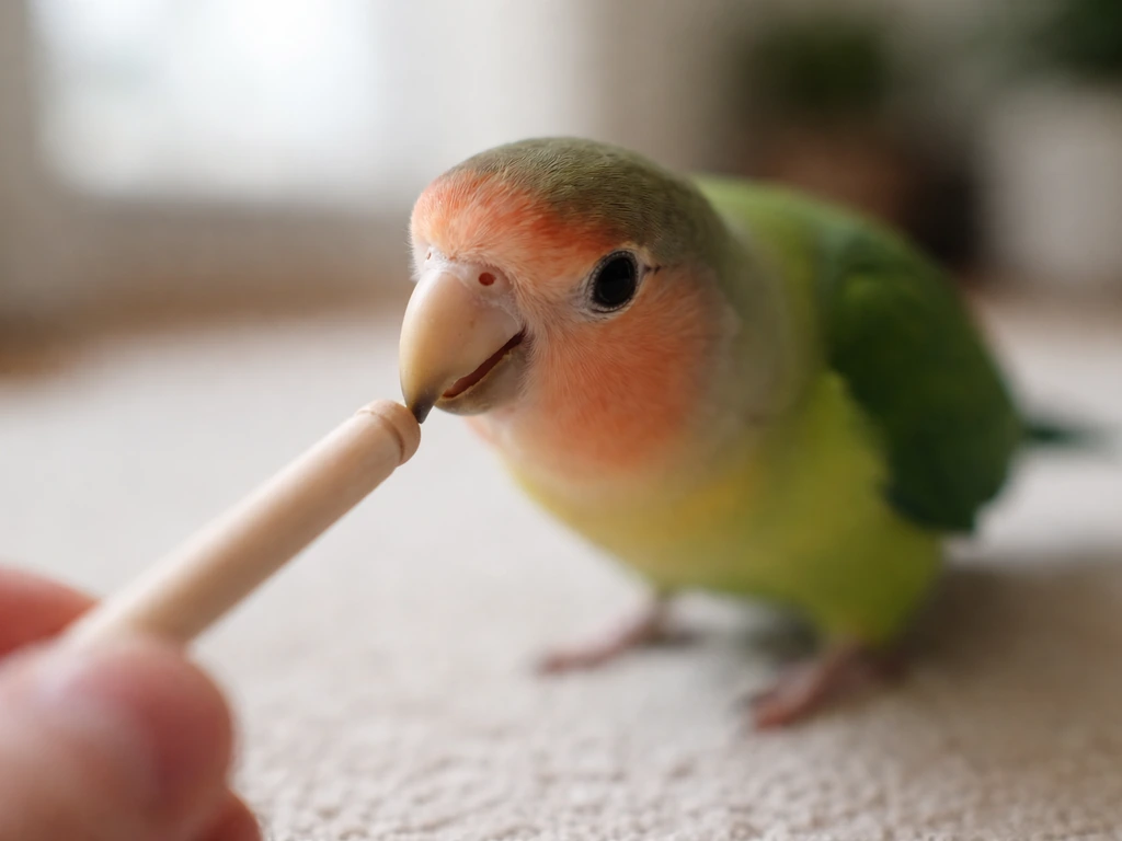 Close-up of a small bird reaching to touch the tip of a wooden dowel with its beak