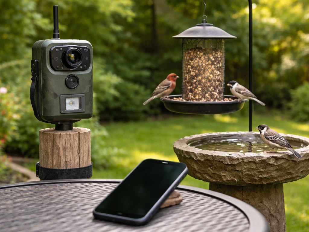 Outdoor bird cam on a post overlooking a feeder and birdbath with birds and a nearby smartphone.