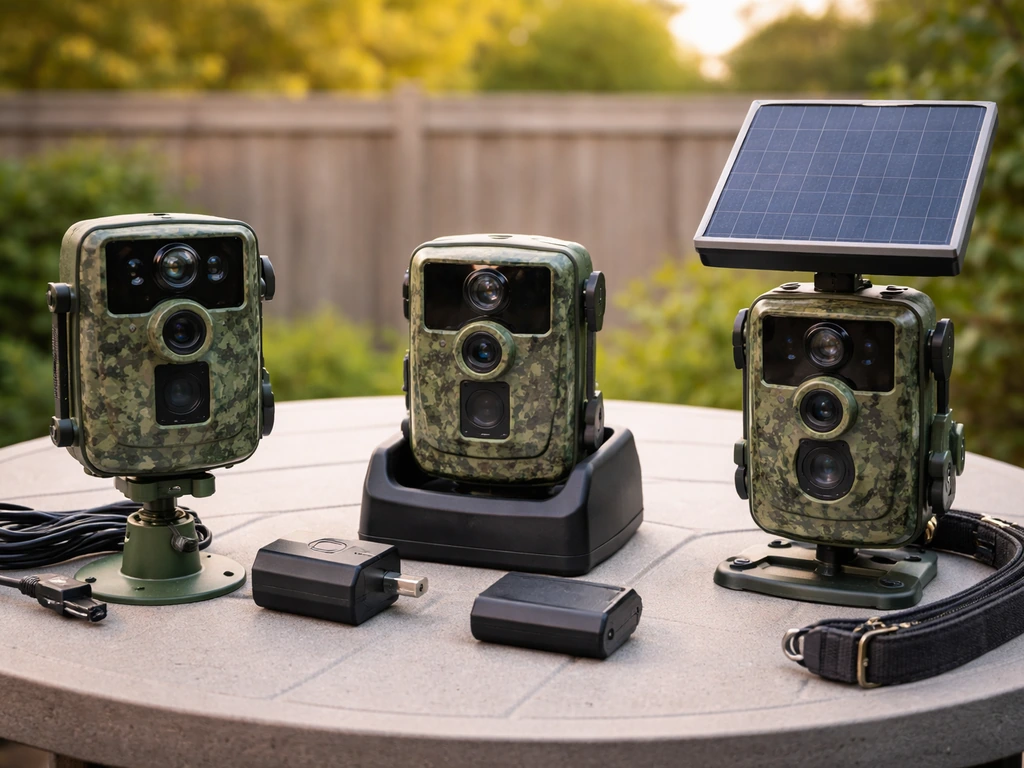 Three beginner bird-camera setups—outdoor Wi‑Fi, battery, and solar—plus basic accessories on a patio table.