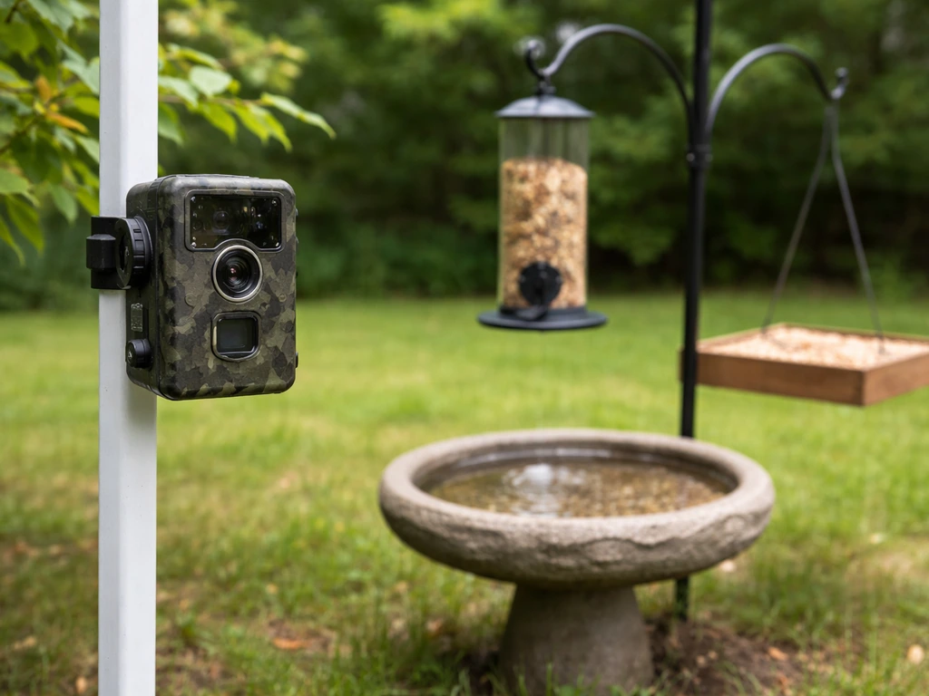 Wildlife camera mounted on a pole 2–4 feet from a backyard feeder/birdbath with clear sightline.