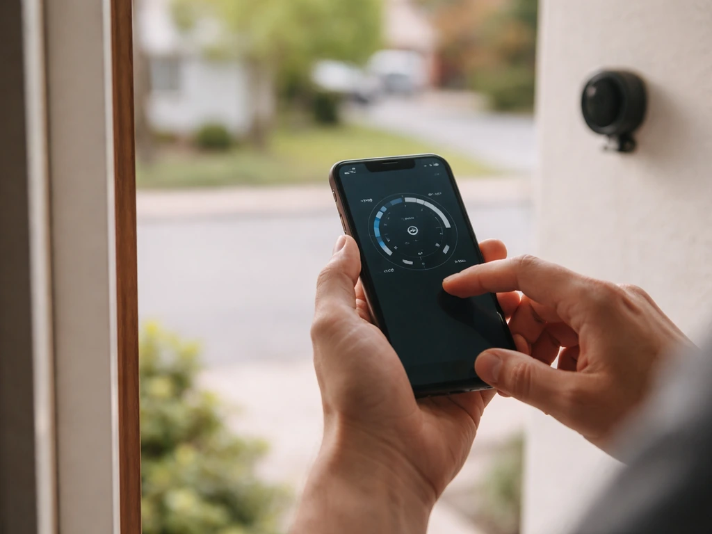 Hands holding a smartphone performing a Wi‑Fi speed test near a wall camera location outdoors