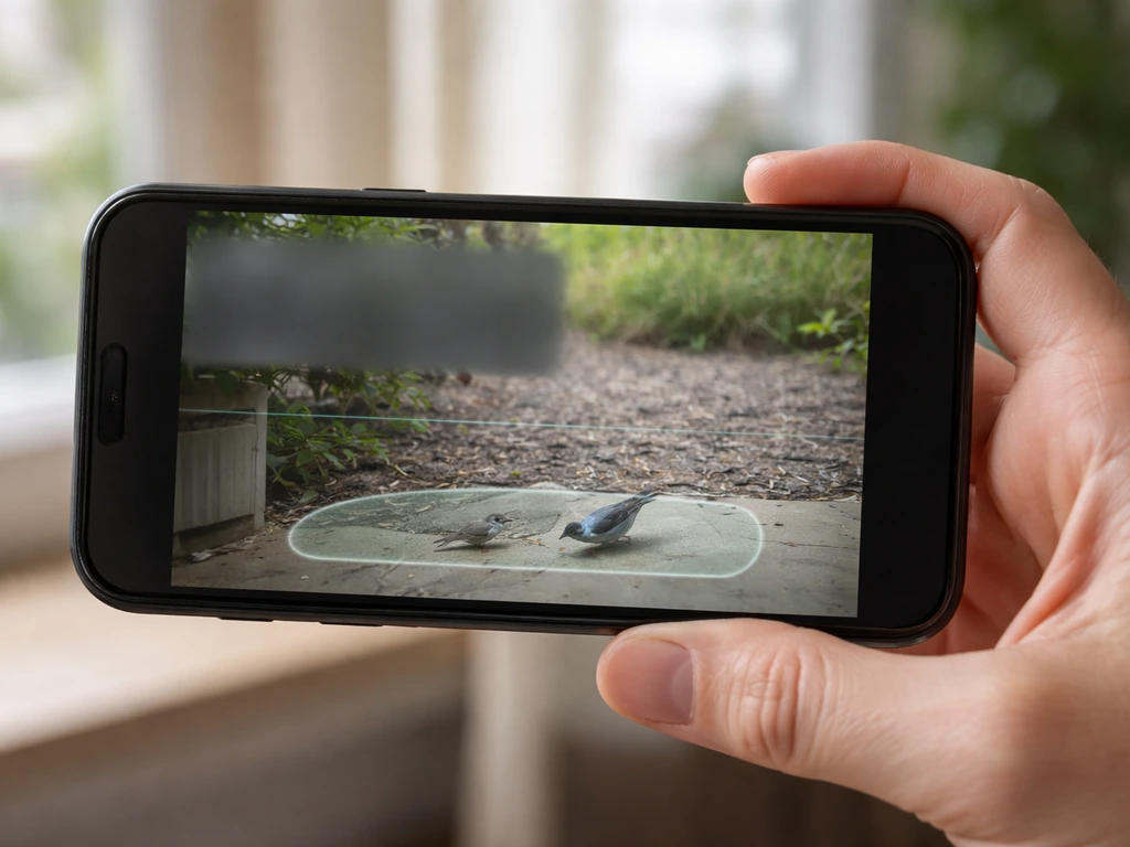 Close-up of a smartphone showing a motion-detection zone and privacy masking on a camera preview