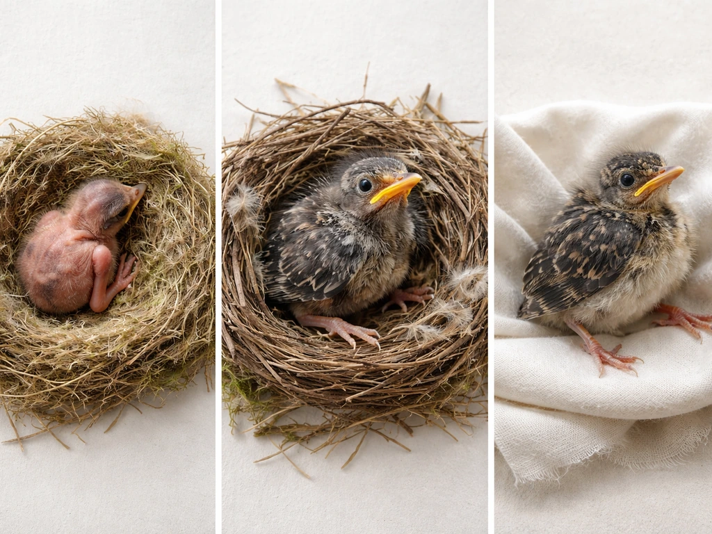 Three chick age stages in a simple top-down layout: hatchling, nestling, and fledgling