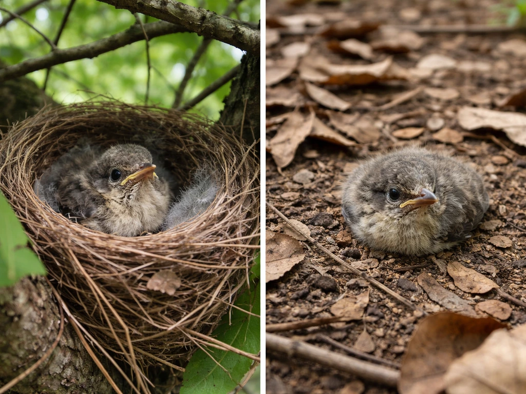 Chick in a visible nest on one side and a chick on the ground on the other, in natural light.