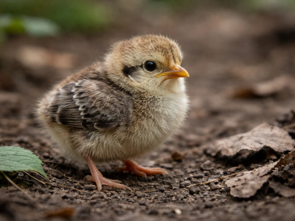Mostly feathered fledgling chick with short tail feathers on a leaf-covered forest floor.