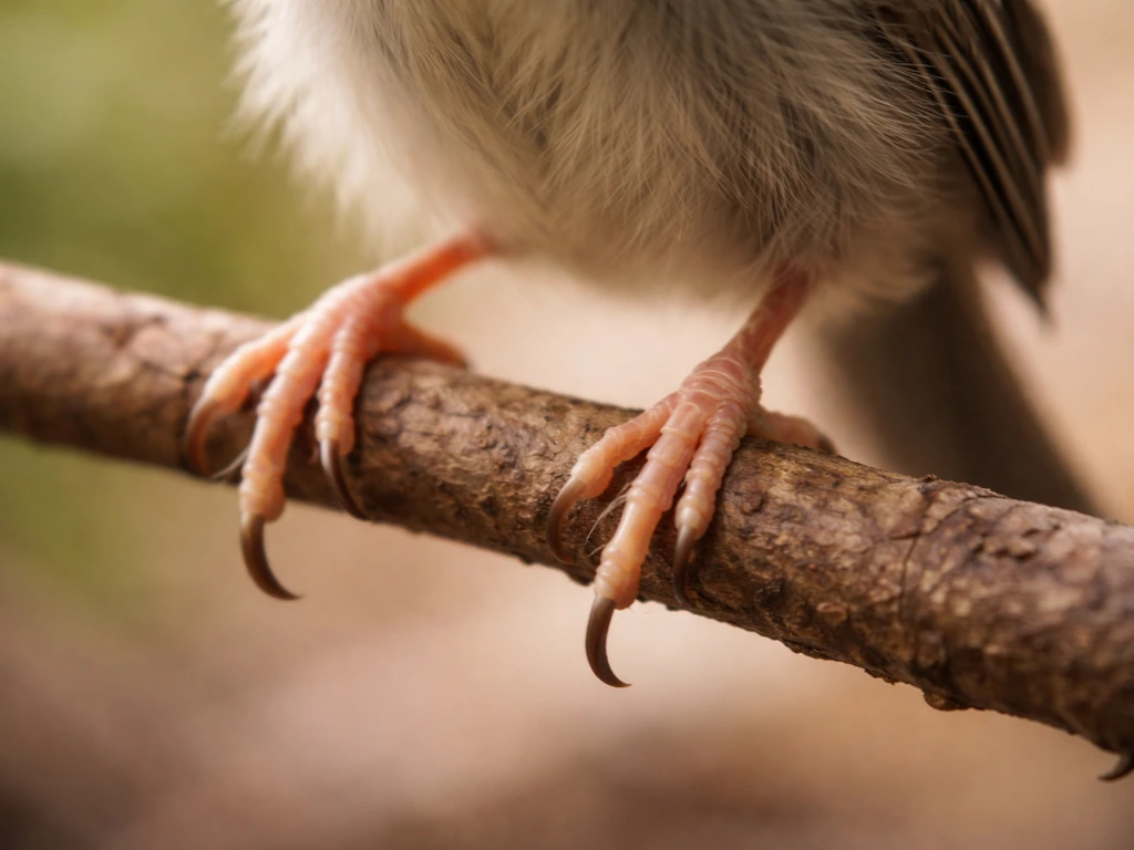 Close-up of a small songbird chick’s perching toes—three forward, one back—on a branch.