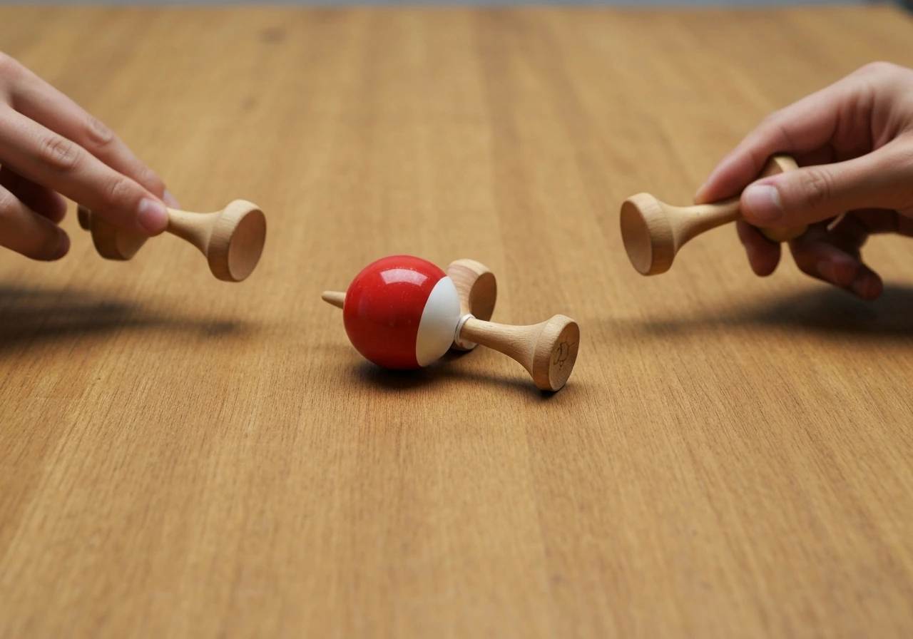 Close-up of a kendama on a simple wooden surface, showing two different stall grips for “bird” and “small bird.”