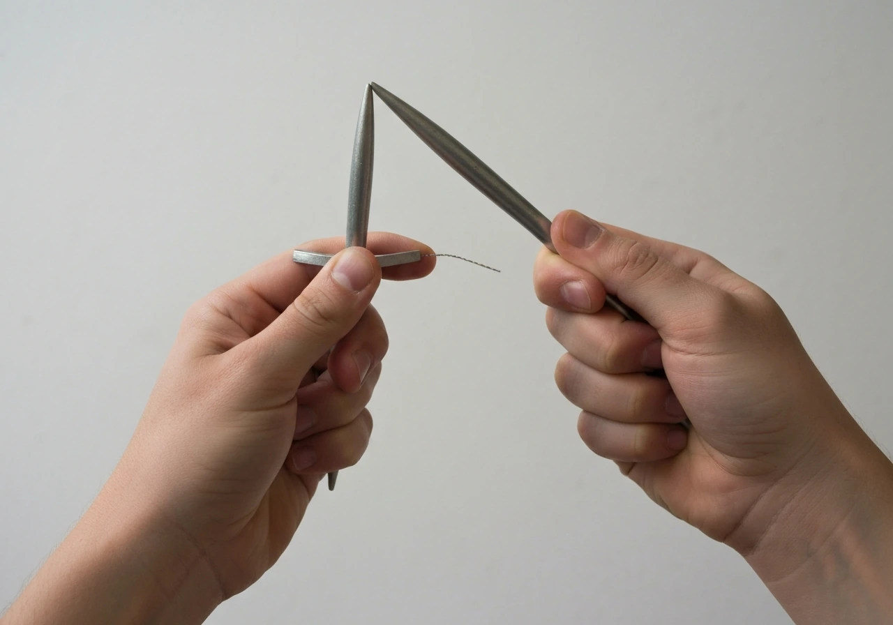 Close-up of hands holding a ken handle with spike up and big cup facing upward.
