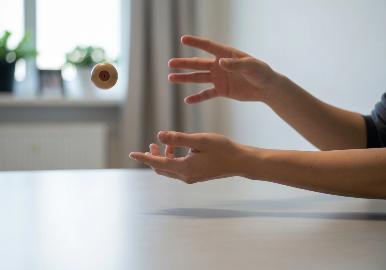 Close-up of a hand tossing a tama in a simple indoor setting, showing a common miss and control fix.