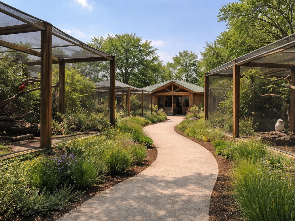 Wide view of a bird sanctuary facility with safe enclosures and natural landscaping