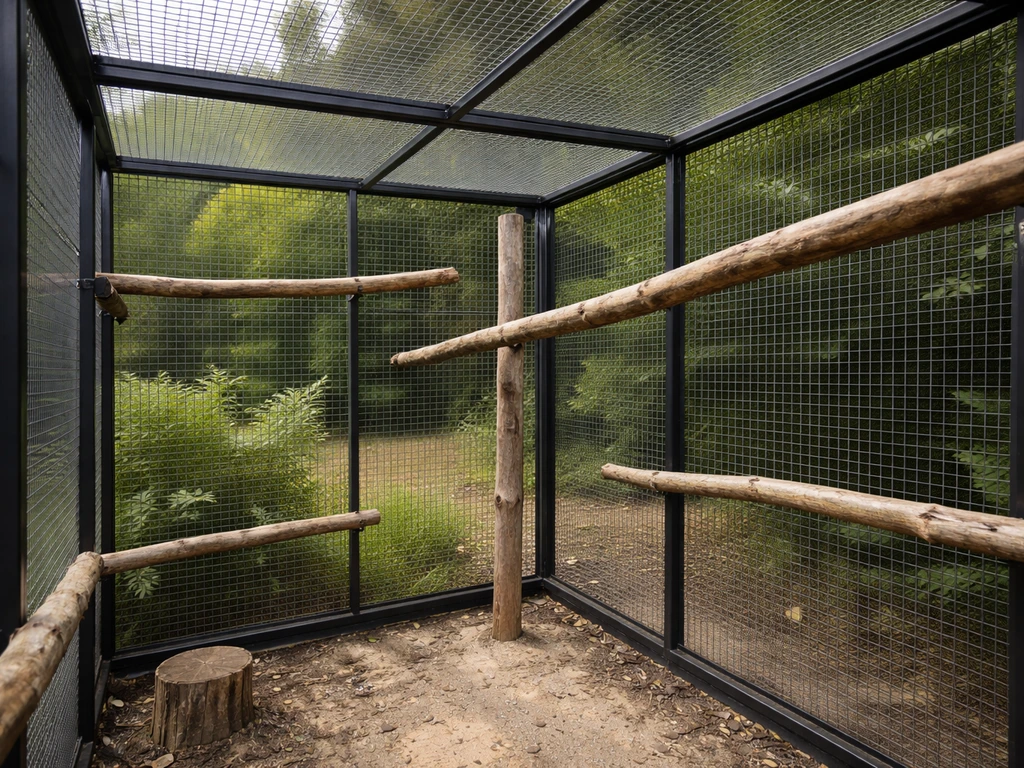 Close-up of an empty wildlife aviary enclosure showing perches, netting walls, and vertical flight space.