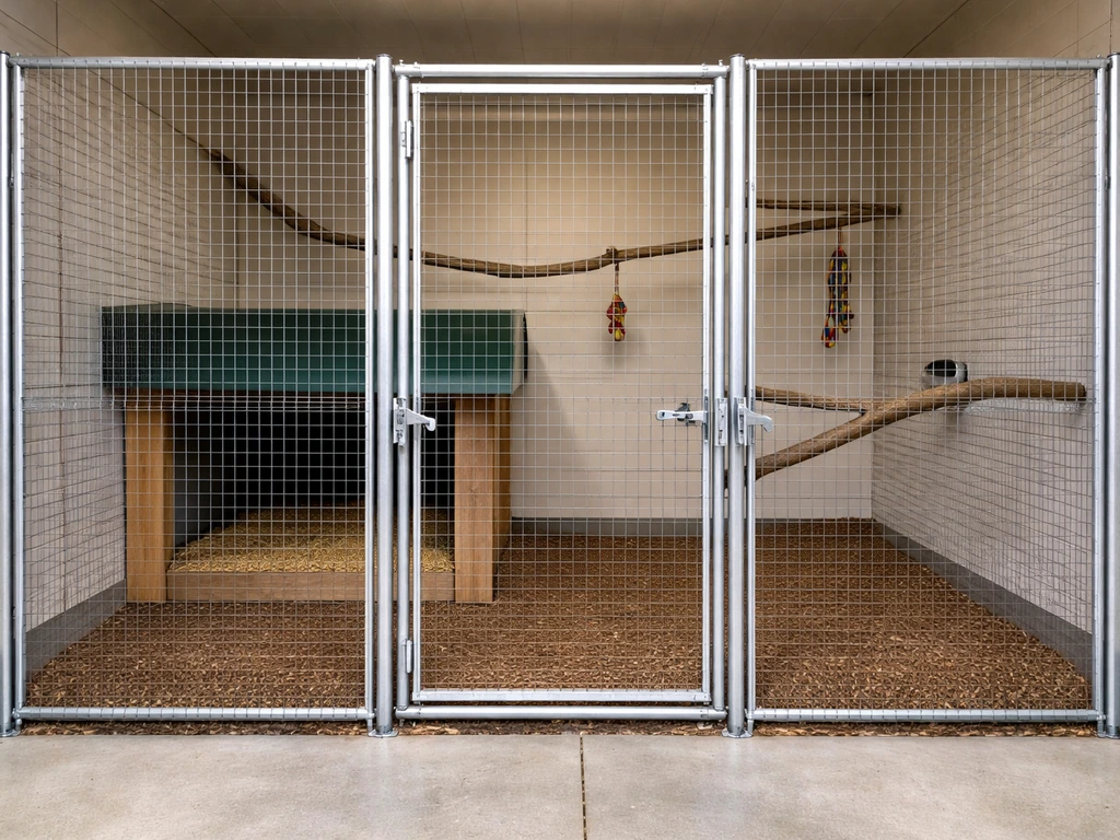 Minimal photo of a sanctuary enclosure showing secure door latch, mesh barriers, and an interior shelter area.