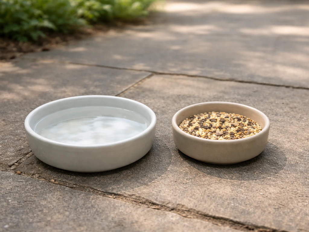 Clean water and feeding setup with fresh bowls and containers in a simple outdoor enclosure