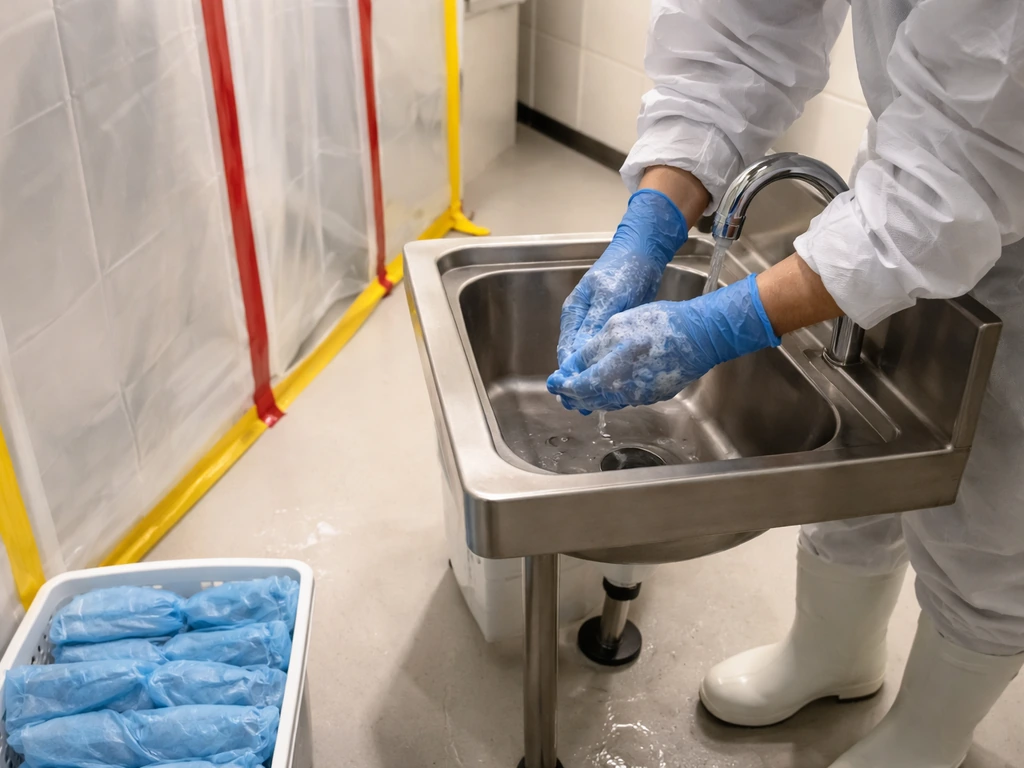 Volunteer wearing gloves sanitizes hands at a designated hygiene station beside a quarantine area barrier.