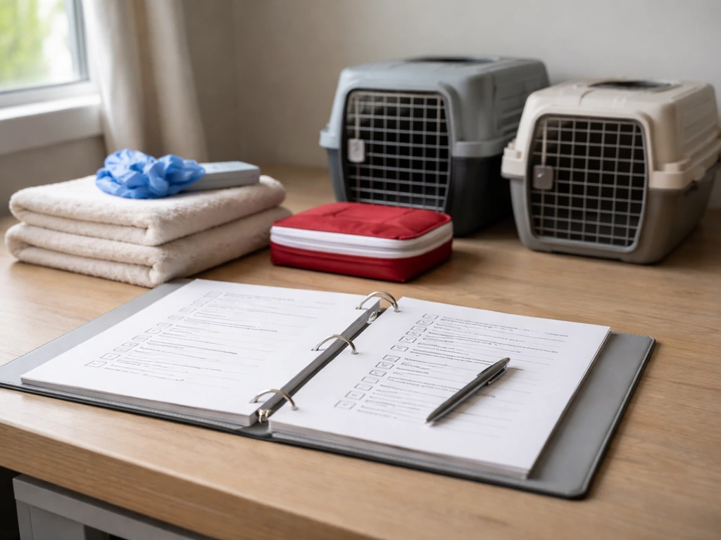 Emergency plan binder and staged supplies like gloves, towels, and pet carriers on a clean office desk.