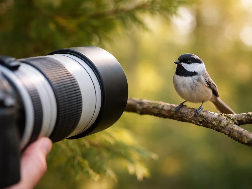 Small bird perched on a branch, captured with a long telephoto lens and sharp eye detail outdoors.