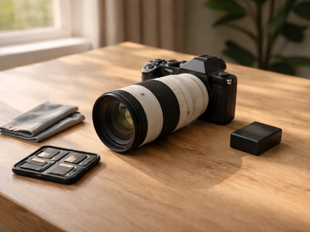 Beginner bird photography kit laid out: camera with telephoto lens, spare battery, SD cards, and lens cloth.