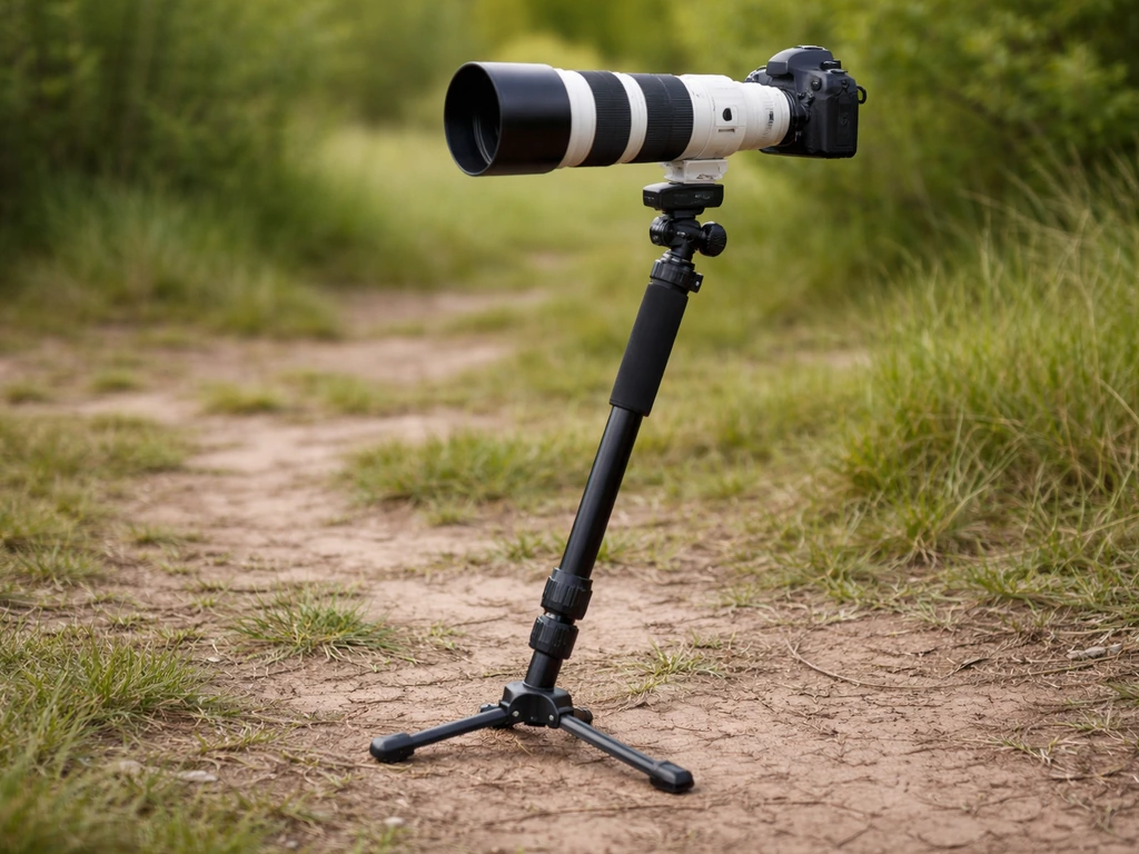 Monopod stabilizing a long telephoto lens on uneven ground for quick bird tracking.