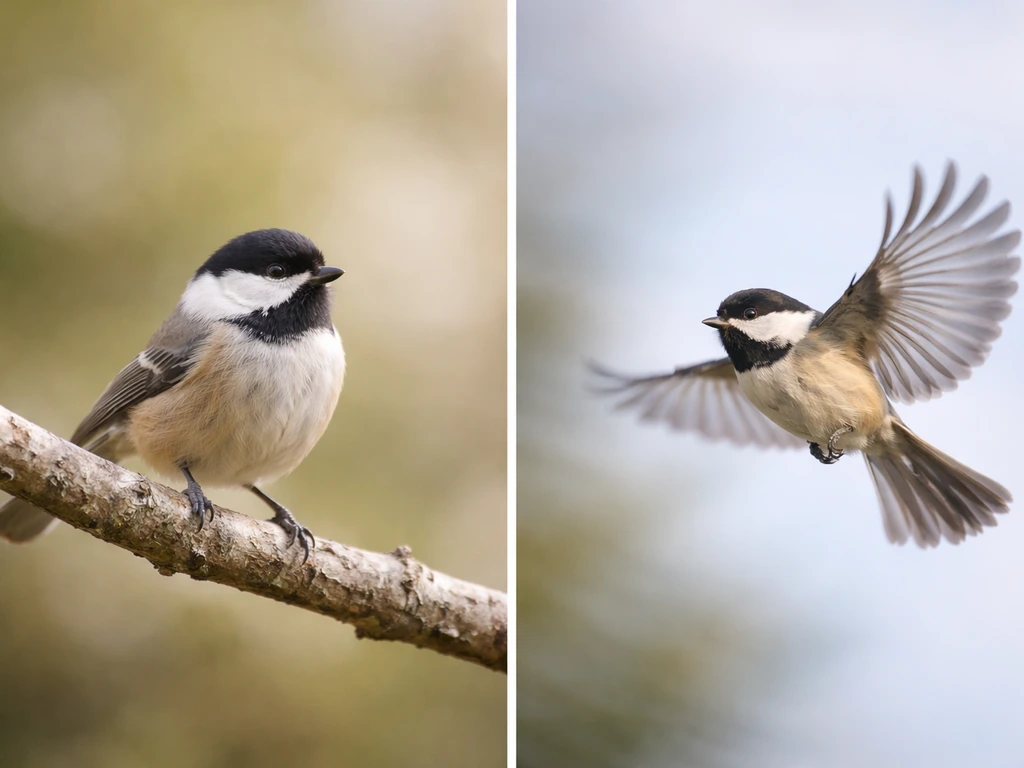 Split view: perched bird on a branch vs a bird in flight in natural daylight.