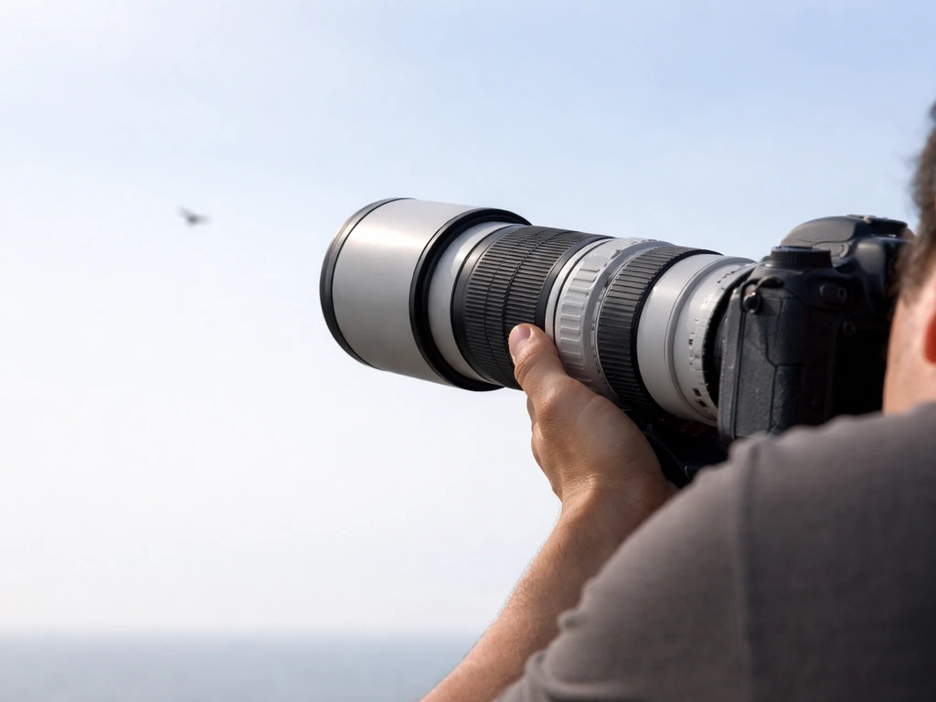 Anonymous photographer bracing a 500mm telephoto lens while tracking a bird in flight.