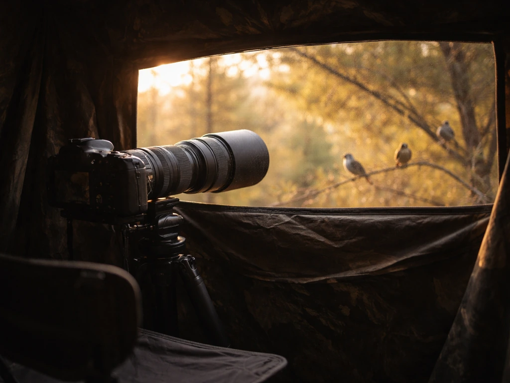 Inside a pop-up bird blind with a long telephoto lens aimed through a window at birds outdoors in warm golden light.