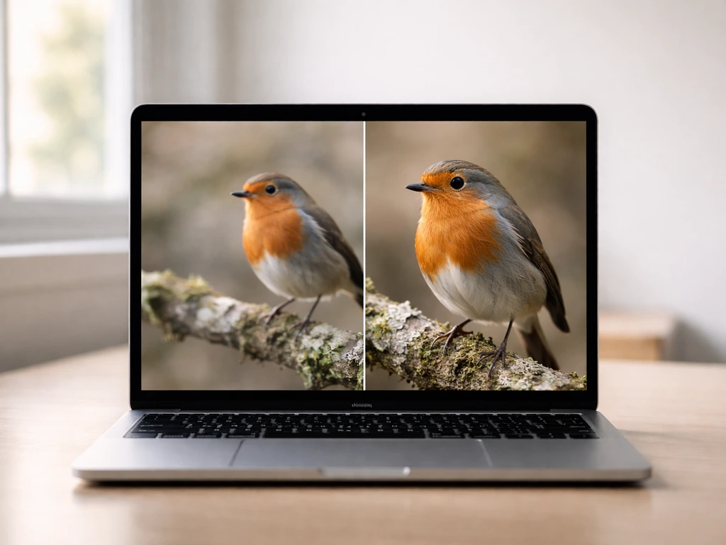 Minimal workspace showing a cropped, cleaned bird photo with reduced noise and crisp feather detail