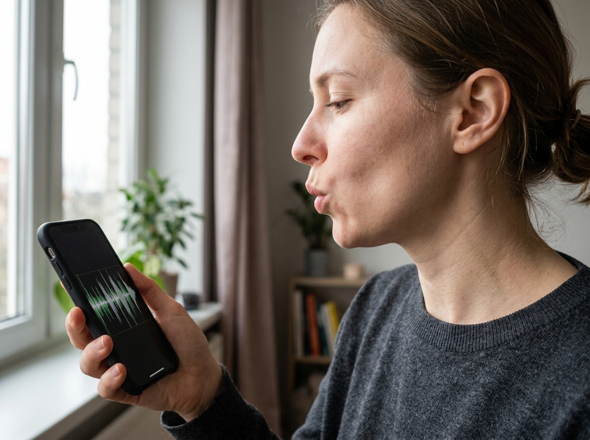 Profile view practicing a bird-call sound with voice while tracking audio waveform.