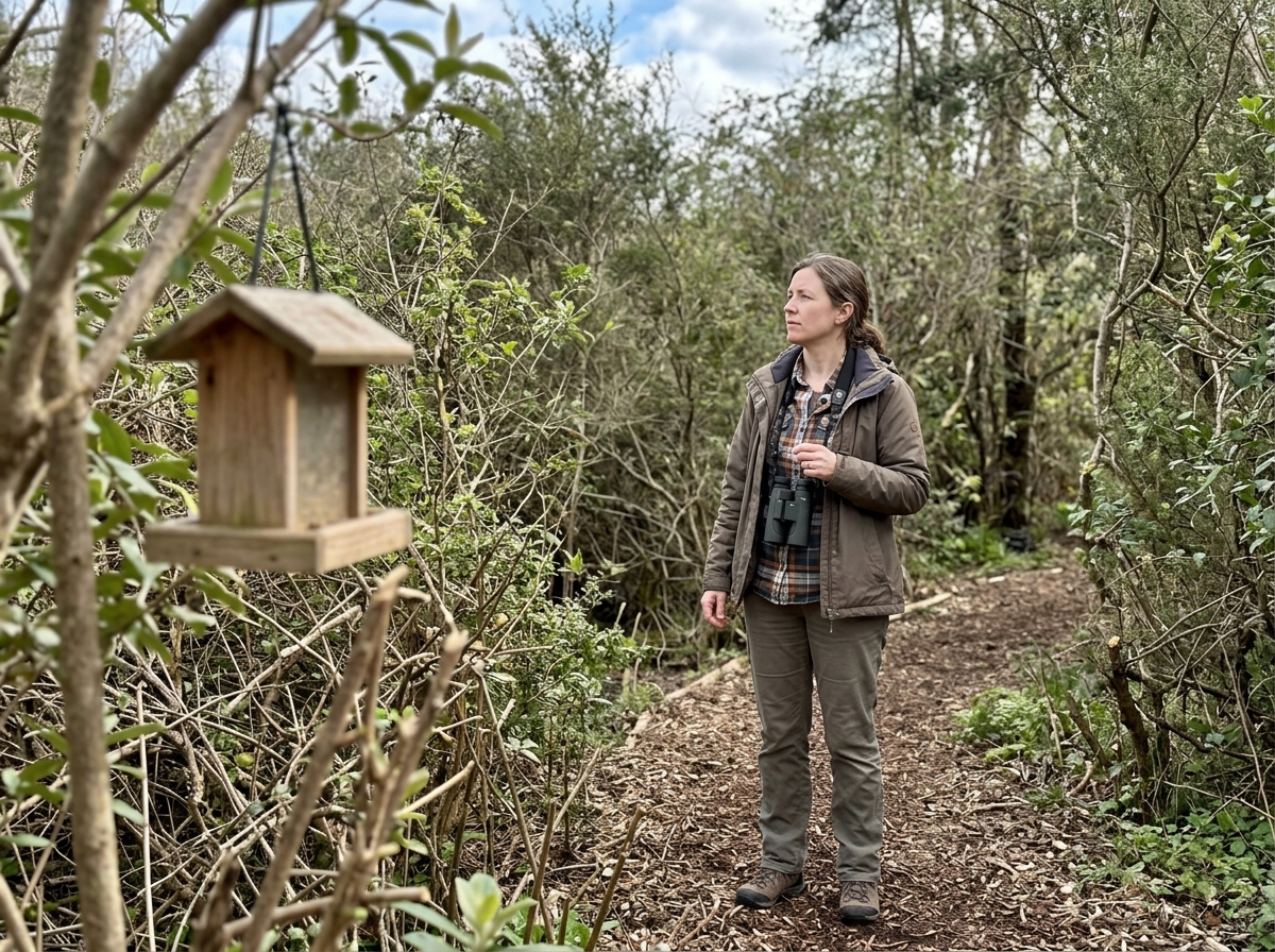 Bird caller pauses and listens silently with binoculars during a quiet field moment.