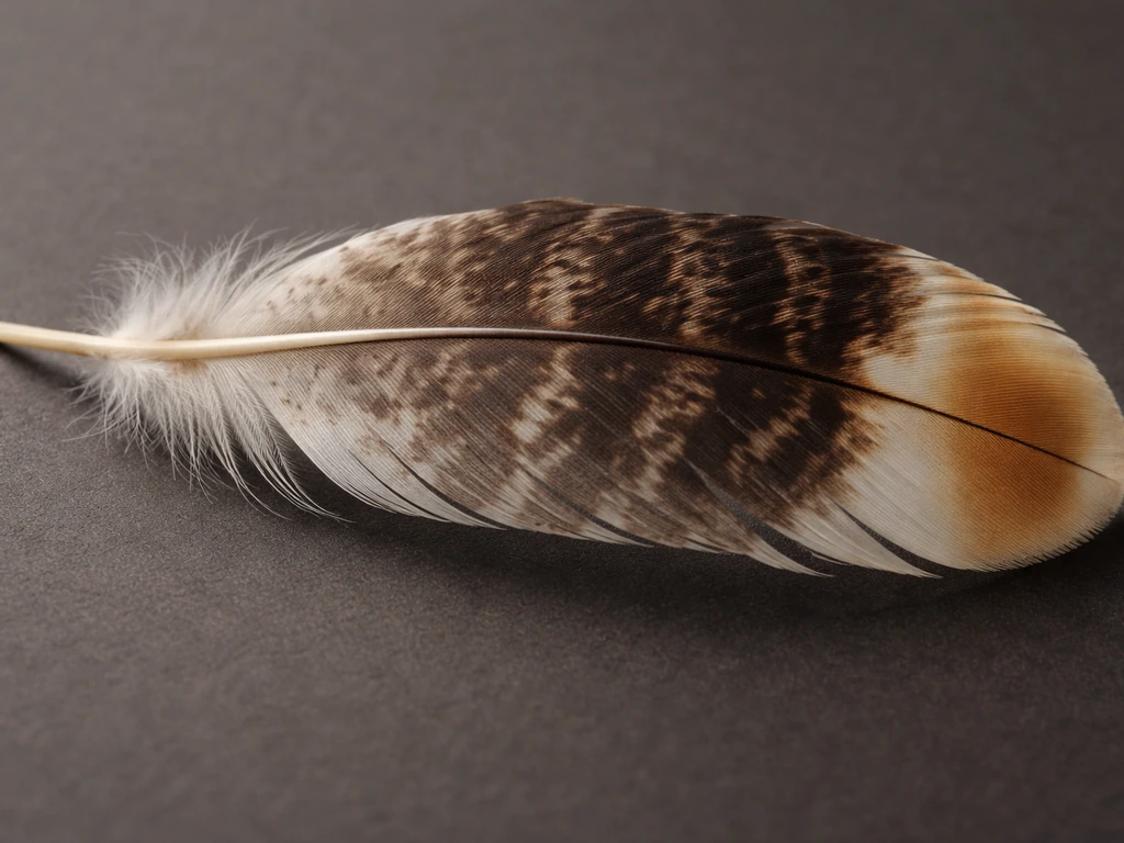 Macro view of one feather showing dorsal and ventral sides with base color, tip color, and banding details.