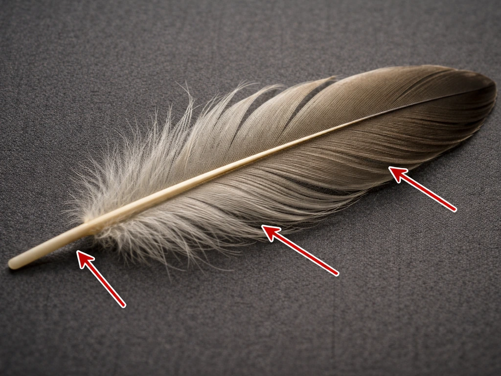 Close-up of a single feather showing calamus, rachis, and barbs/vanes in crisp natural detail.